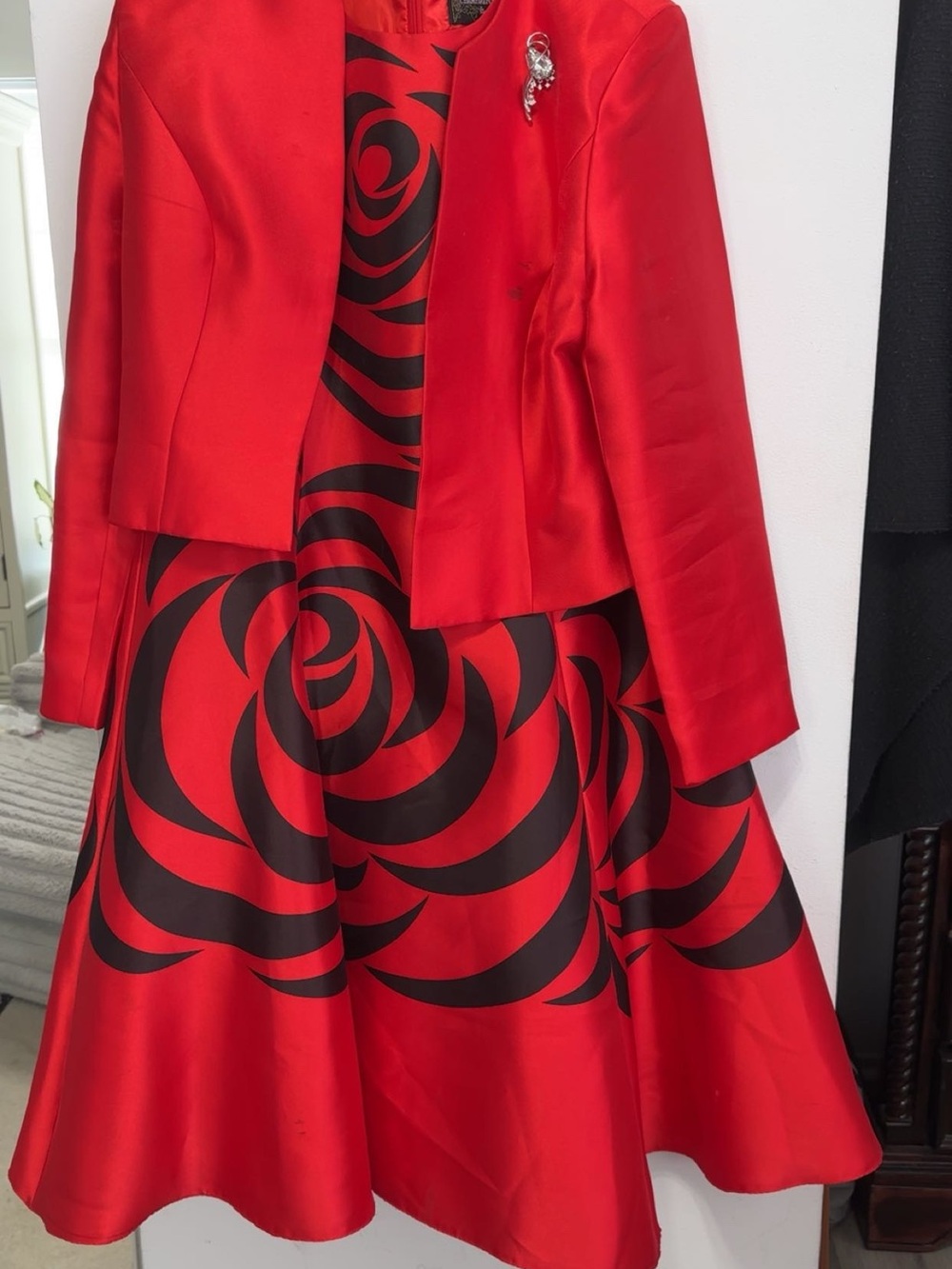 Champagne Red and Black Swirl Fit-and-Flare Dress with Coordinating Jacket